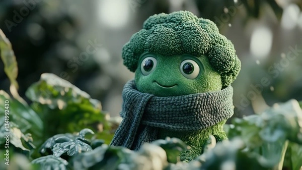 Fototapeta a cute vegetable character with eyes in the field wearing a scarf, green broccoli plant