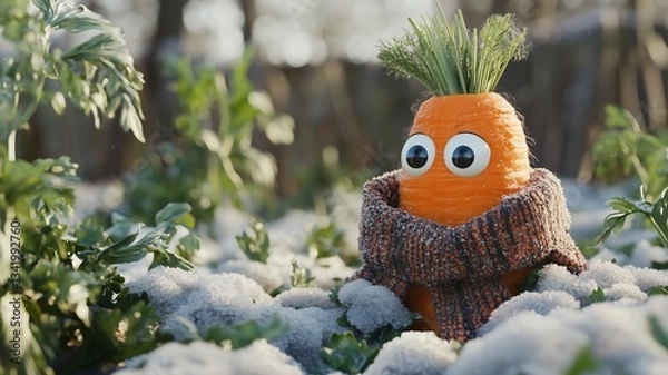Fototapeta a cute vegetable character with eyes in the field wearing a scarf, orange carrot plant