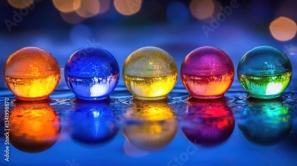 Obraz Colorful Glass Spheres with Water Droplets and Bokeh Effect
