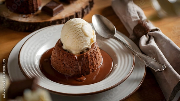 Fototapeta A decadent chocolate lava cake with a gooey molten center sits beside a scoop of velvety vanilla ice cream, served on a white ceramic plate, creating a rich and indulgent dessert