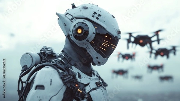Fototapeta Advanced drone operator controlling swarm, future warfare technology concept