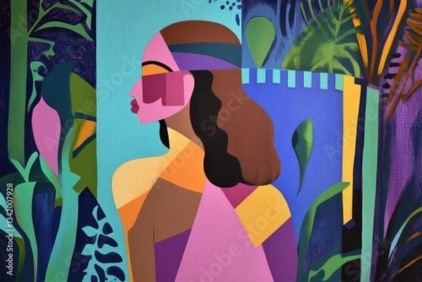 Fototapeta A vibrant artwork of a woman with curly hair, surrounded by lush foliage and abstract designs. The colors blend harmoniously, creating an energetic atmosphere in a natural setting.