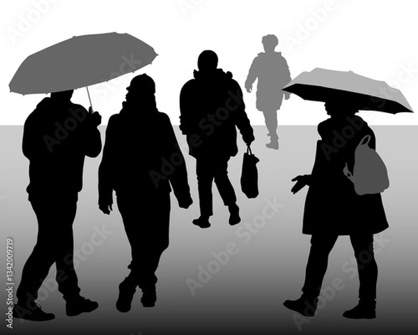 Fototapeta Vector silhouettes of passers-by. People walking under an umbrella. A couple moving away into the distance. A woman with a bag. Side and back views.