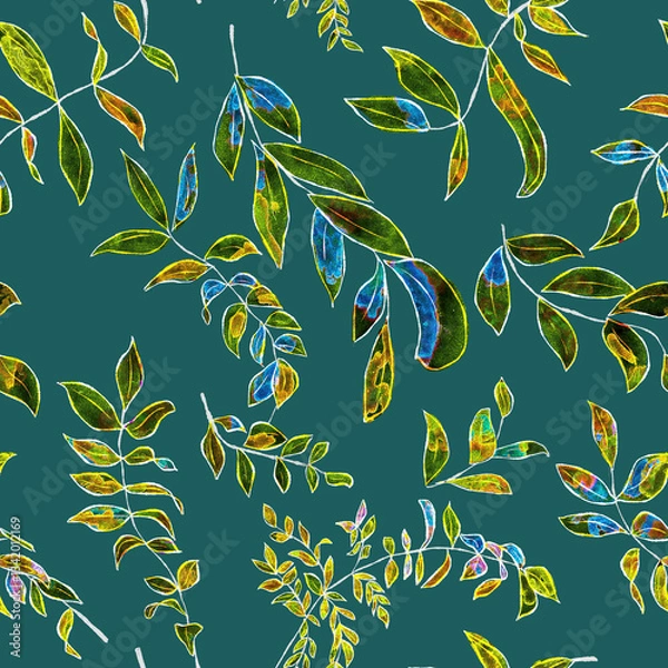 Fototapeta Digital drawing seamless pattern of colorful leaves simulating watercolor, dark green background	