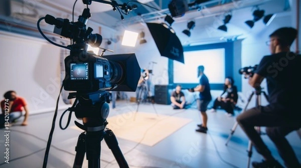 Fototapeta Staff creating video content in bright studio with professional equipment