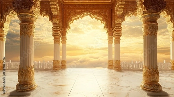 Fototapeta Indian Palace Wedding Terrace, Ornate Golden Gateway Leading to Endless Clouds, Subtle Holi Traces. Background Frame. Copy space. Generative AI