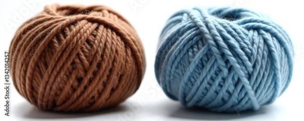 Fototapeta Macro shot of blue, brown wool yarn balls isolated on white transparent backdrop. Knitting textured wool ball, soft fiber, sewing, crocheting material for handmade craft projects. Yarn for knitting