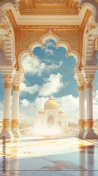 Fototapeta Indian Palace Wedding Terrace, Ornate Golden Gateway Leading to Endless Clouds, Subtle Holi Traces. Background Frame. Copy space. Generative AI