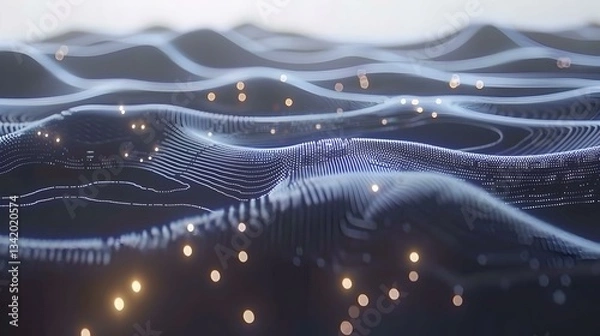 Fototapeta Abstract digital landscape with glowing particles. Perfect for technology, AI, and data visualization projects.