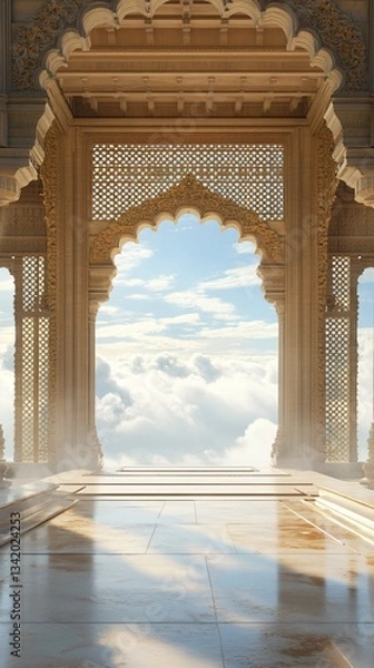 Fototapeta Floating Indian Wedding Terrace, Royal Palace Courtyard Extending to the Sky, Gentle Holi Powder Traces. Background Frame. Copy space. Generative AI