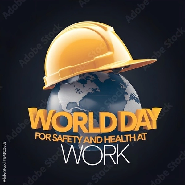 Fototapeta World Day for Safety and Health at Work with Golden Hard Hat on a Rotating Globe