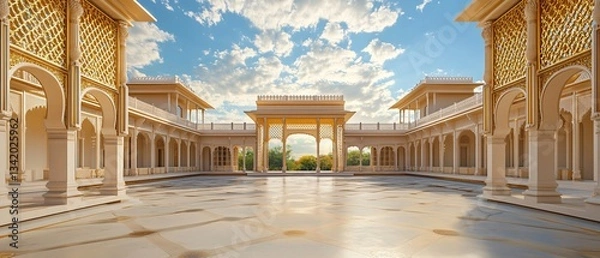 Fototapeta Floating Indian Wedding Terrace, Royal Palace Courtyard Extending to the Sky, Gentle Holi Powder Traces. Background Frame. Copy space. Generative AI
