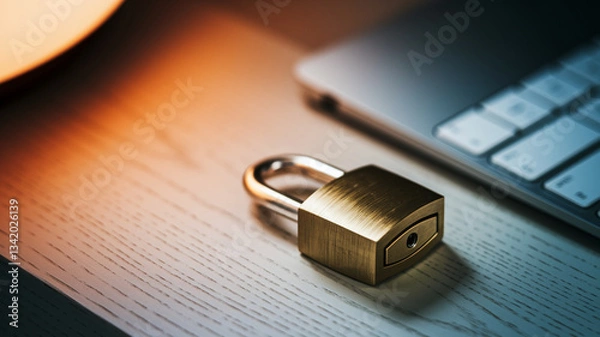 Fototapeta Close-up of brass padlock on light wood surface, near laptop keyboard.  Illustrates online security, data protection, privacy concept