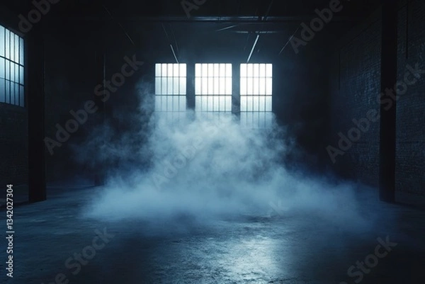 Fototapeta Eerie warehouse scene with fog and light streaming through the windows