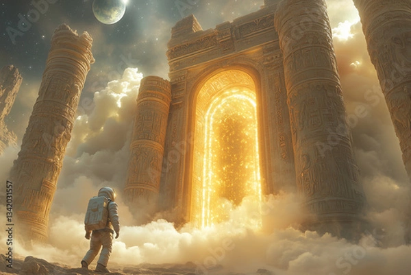 Fototapeta A lone astronaut discovers an ancient glowing portal among towering ruins. A sci-fi fantasy scene blending space exploration with mysterious ancient architecture
