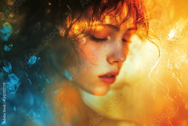 Fototapeta A surreal portrait of a woman with fire and ice elements blending into her face. A mix of warmth and cold, passion and serenity. Perfect for fantasy, emotions, and duality themes