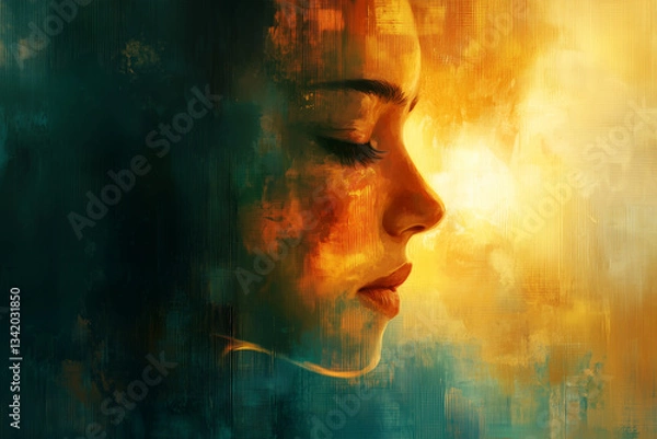 Fototapeta A captivating and artistic digital painting of a woman's face emerging from a dreamy mist. The blending of textures and colors gives the portrait a surreal, almost otherworldly quality. 