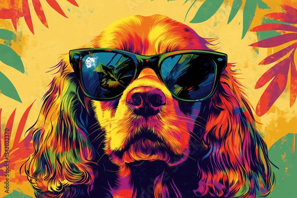 Fototapeta A vibrant pop-art style digital illustration of a Cocker Spaniel wearing sunglasses, featuring bold colors, tropical vibes, and a stylish, modern artistic flair