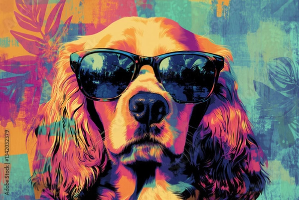 Fototapeta A vibrant pop-art style digital illustration of a Cocker Spaniel wearing sunglasses, featuring bold colors, tropical vibes, and a stylish, modern artistic flair