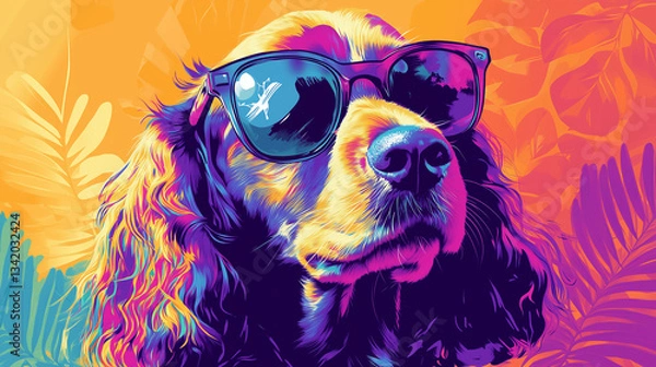 Fototapeta A vibrant pop-art style digital illustration of a Cocker Spaniel wearing sunglasses, featuring bold colors, tropical vibes, and a stylish, modern artistic flair