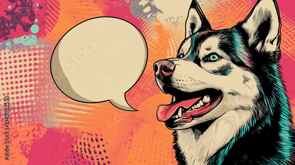 Fototapeta A vibrant pop-art style digital illustration of a Siberian Husky with a speech bubble. Playful and colorful design, perfect for posters, comics, and creative projects