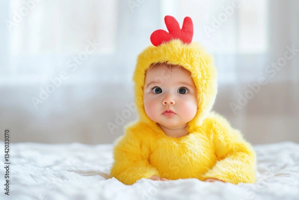 Fototapeta Adorable baby in a fluffy yellow chicken costume lying on a bed. Big eyes and a cute expression make this perfect for Easter, baby themes, and children's content