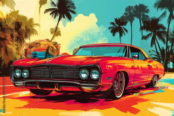 Fototapeta A dynamic retro car illustration in a vivid pop-art style. The bold color splashes, tropical palm trees, and energetic composition create an exciting summer adventure vibe.  