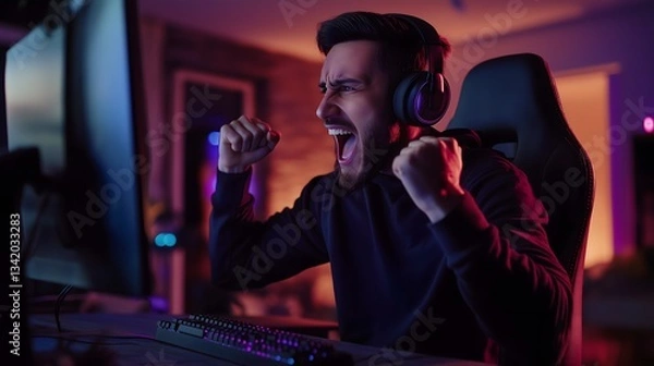 Fototapeta Young professional poker player celebrates a big win in an energizing gaming environment with colorful lights and intense focus during a late-night session