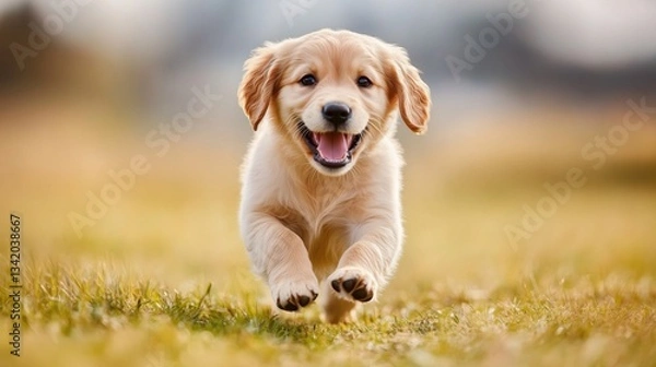 Fototapeta Happy golden retriever puppy playing outdoors on a sunny day, running joyfully through the green grass, capturing the essence of youth and freedom in nature