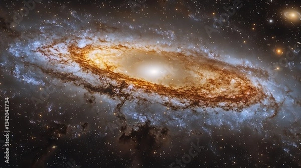 Fototapeta A large spiral galaxy shines brightly in the vastness of space