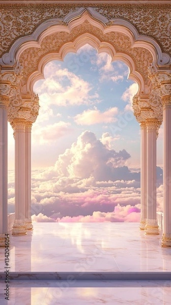 Fototapeta Indian Wedding Terrace Palace, Golden Archway Overlooking Infinity, Soft Holi Dust on Marble. Background Frame. Copy space. Generative AI