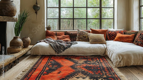 Fototapeta Contemporary living room blending Scandinavian minimalism with traditional African art and design elements
