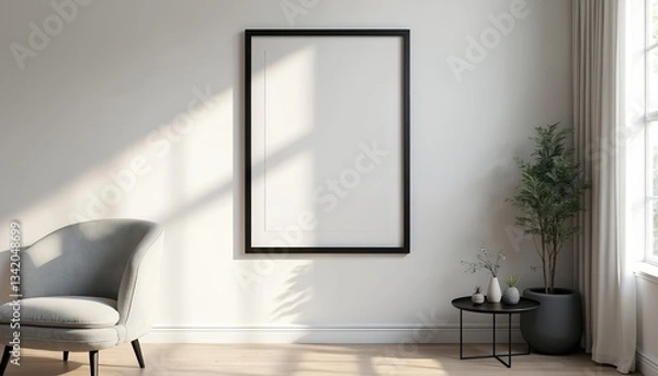 Fototapeta Black frame mockup poster on white wall in light cozy room. Empty sheet template for lettering, interior decor presentation. Minimalist art design with armchair, plant, table on floor.
