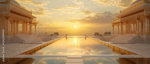 Fototapeta Indian Floating Courtyard Terrace, Sunset Reflections Over Infinity Pool and Sand Garden. Background Frame. Copy space. Generative AI