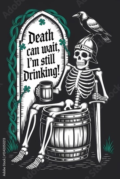 Fototapeta Medieval style drawing of a skull drinking beer in a cemetery