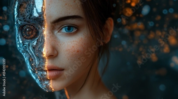 Fototapeta A humanoid robot AI agent hologram sharing knowledge with a human during the singularity symbolizing agentic autonomy and AGI technology in the future using superintelligence