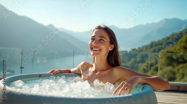 Fototapeta Smiling woman enjoying an ice bath on a balcony with a stunning mountain and lake view. Concept of wellness, relaxation, and cold therapy for rejuvenation.