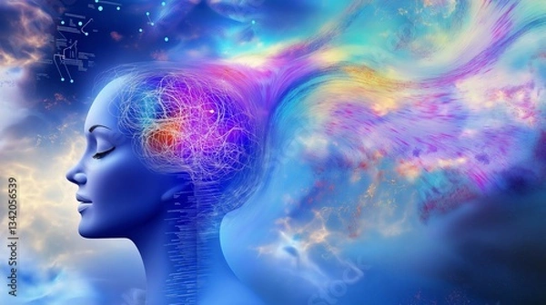 Fototapeta A human woman hybrid receiving knowledge from the universe during the singularity symbolizing agentic autonomy and AGI technology in the future using superintelligence