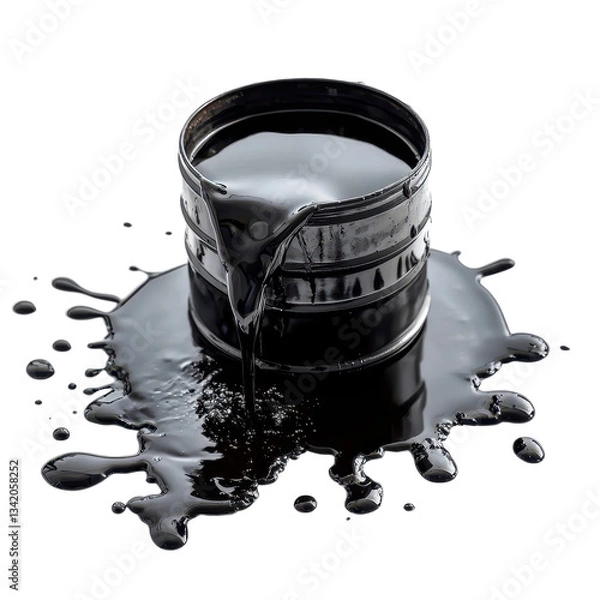 Obraz Black oil barrel with spilled liquid, isolated on transparent cutout background