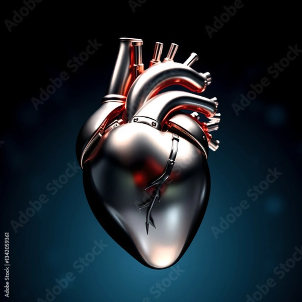 Fototapeta A shiny reflective titanium artificial heart with a blue background. Futurist concept of replacement of a diseased heart
