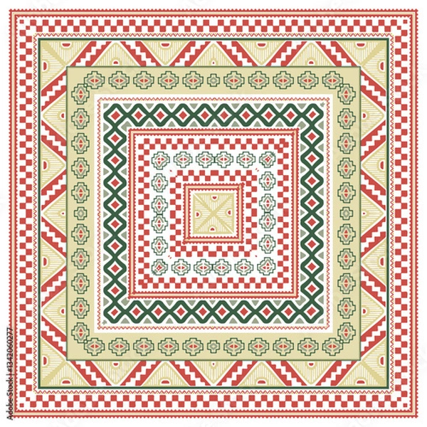 Fototapeta Intricate geometric pattern with layered borders in red, green, and cream, featuring stars, diamonds, and zigzag motifs, Traditional Textiles art and Cultural and a link to heritage print pattern, squ