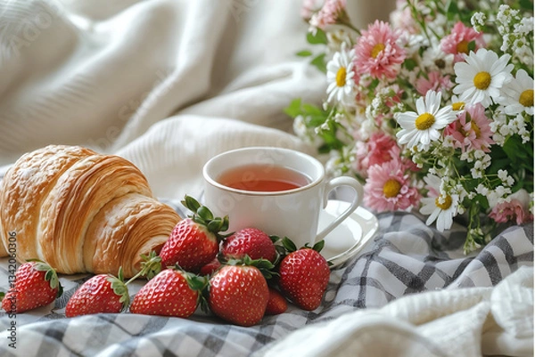 Fototapeta A spring picnic in the park: a neatly laid out checkered blanket, a basket with juicy fruit, croissants and a bottle of juice are seen from above. The sunlight is gently streaming through the branches