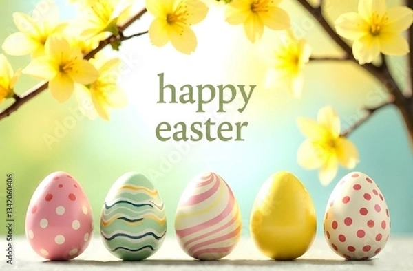 Fototapeta Easter, on a spring background a blooming branch and five glossy pastel Easter eggs, with the text happy Easter.