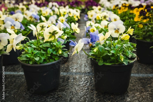 Fototapeta Vibrant pansies blooming in flowerpots at a bustling garden center during springtime