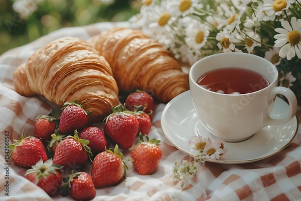 Fototapeta A cozy spring picnic in nature. A basket of fresh produce, fragrant croissants and ripe fruit are laid out on a bright blanket among the green grass. Perfect stock photo for design.