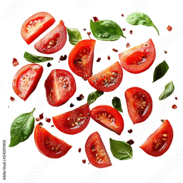 Obraz Fresh tomatos falling slices isolate on white background