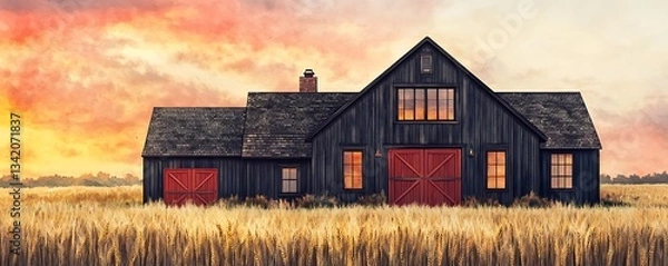 Fototapeta Charming farmhouse with a dark wood exterior, rustic red barn doors, and an expansive field of tall wheat, watercolor texture with warm tones of sunset, HD clarity