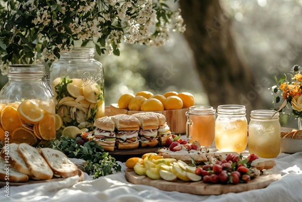 Fototapeta A delightful spring picnic set up for a family in the countryside. A neatly arranged spread of fresh sandwiches, fruit salad, and drinks is displayed on a cozy blanket. 