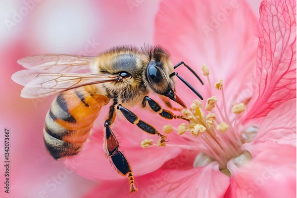 Fototapeta Macro shot of a honeybee collecting nectar from a blooming apple blossom. Detailed pollen grains and vibrant petals create a rich, natural texture. High-resolution, ultra-sharp focus.