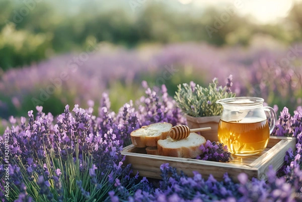 Fototapeta A charming picnic in a blooming lavender field with a rustic wooden tray holding fresh bread, honey, and herbal tea. Soft sunlight enhances the romantic countryside setting. 